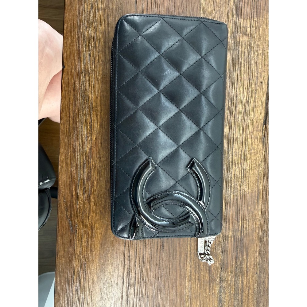 Chanel Cambon Ligne Long Zip Around Wallet Black Quilted Leather Neon Pink CC